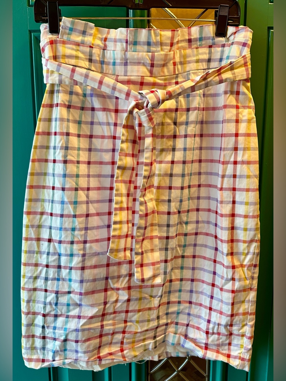 7th Ave New York Co Rainbow Plaid Paperbag Pencil Skirt Sz 16 Tie Belt